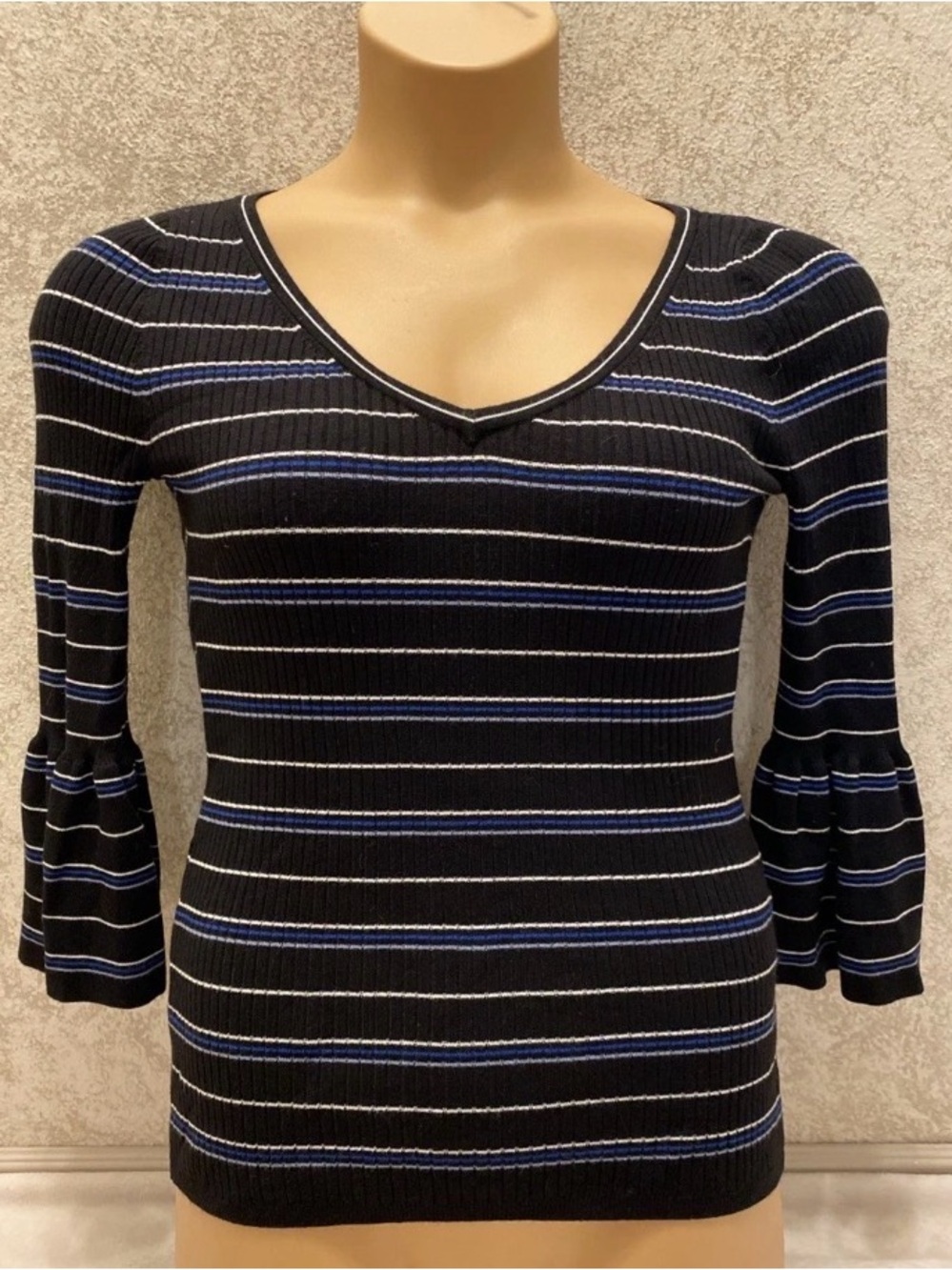 White House Black Market Black V-Neck Ribbed Top with Blue and White Stripes